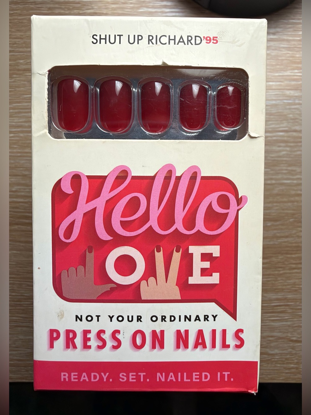 Hello Love - Shut Up Richard - Press On Nail Set - New!  Deep Red